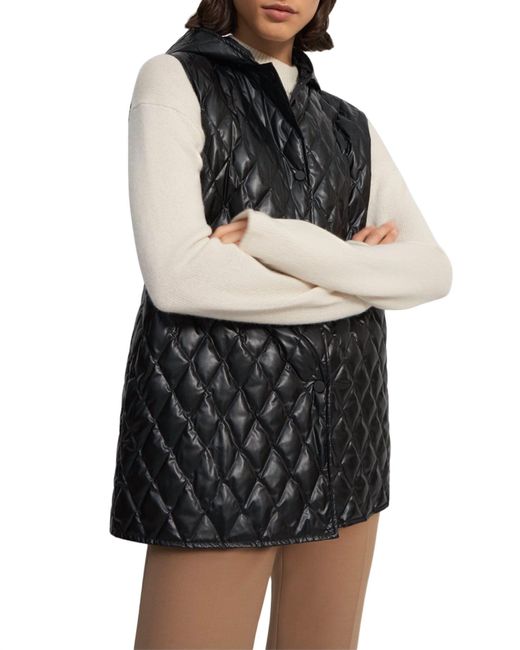 Theory Black Clairene Quilted Faux Leather Hooded Vest