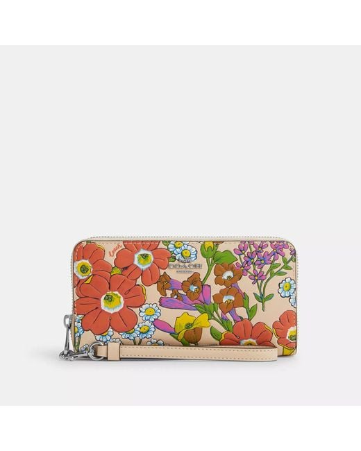 COACH Red Long Zip Around Wallet With Floral Print