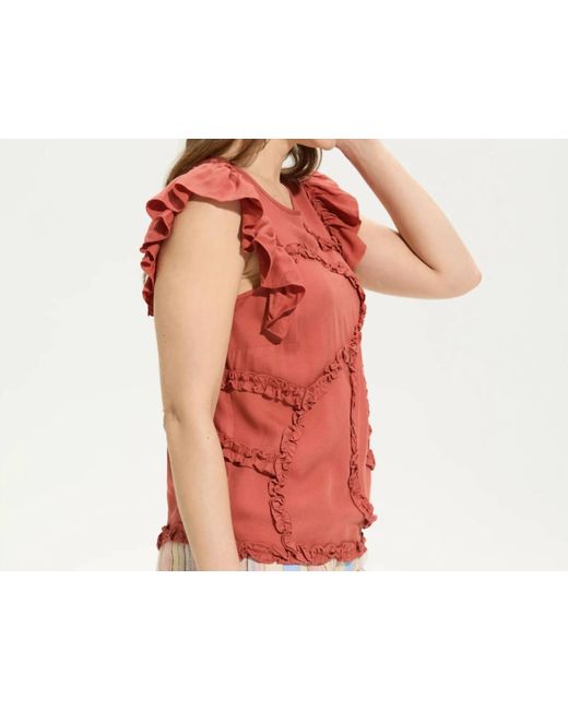 Fdj Red Embelished Flutter Sleeve Top