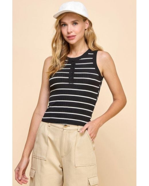Fashnzfab Black Button Detail Contrast Binding Stripe Tank Top
