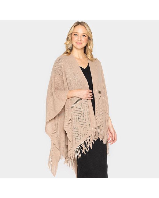 TRUEDAMES Natural Geometry Open Knit Ruana Poncho With Fringe