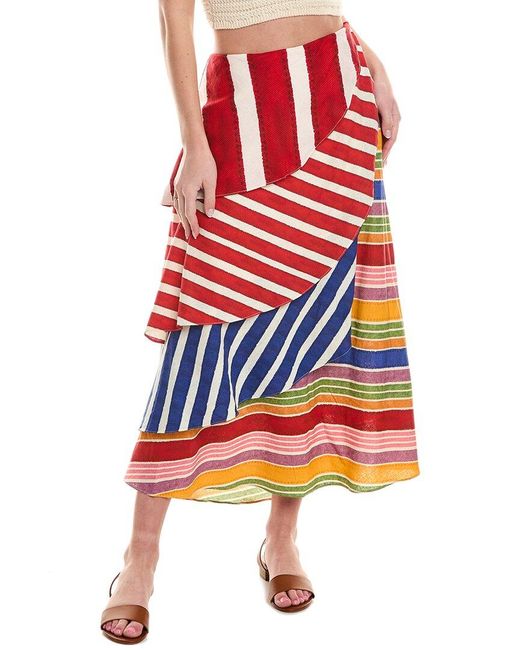 Farm Rio Red Amazing Stripes Frilled Linen-blend Midi Skirt