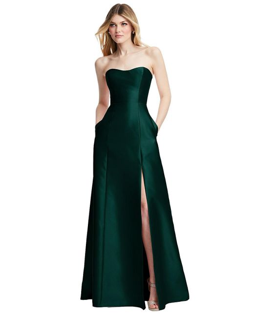 Alfred Sung Green Strapless A-line Satin Gown With Modern Bow Detail
