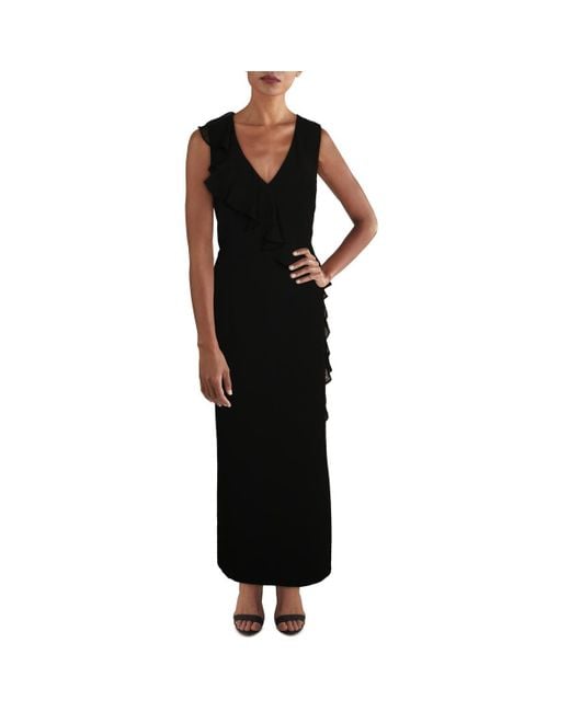 Connected Apparel Black Petites Ruffled Long Evening Dress