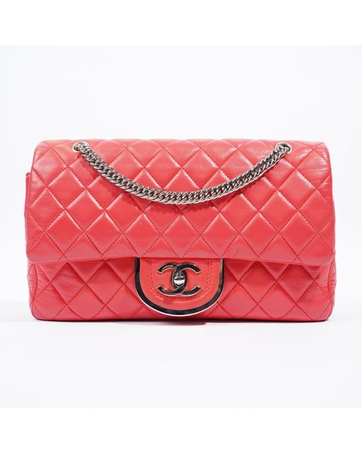 Chanel Red Icon Double Flap Coral Lambskin Leather Crossbody Bag
