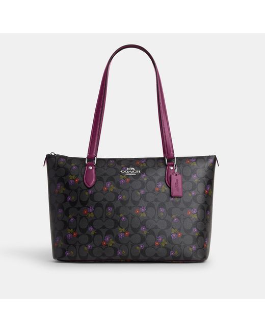 Coach Outlet Black Gallery Tote In Signature Canvas With Country Floral Print