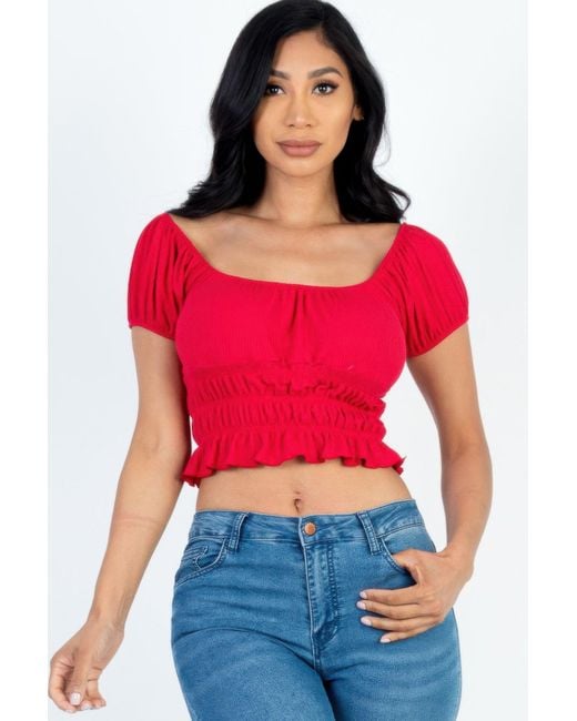 TRUEDAMES Red Casual Ruched Puff Sleeve Ribbed Knit Solid Top