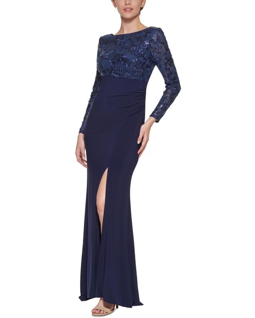 Vince Camuto Blue Mesh Embroidered Evening Dress