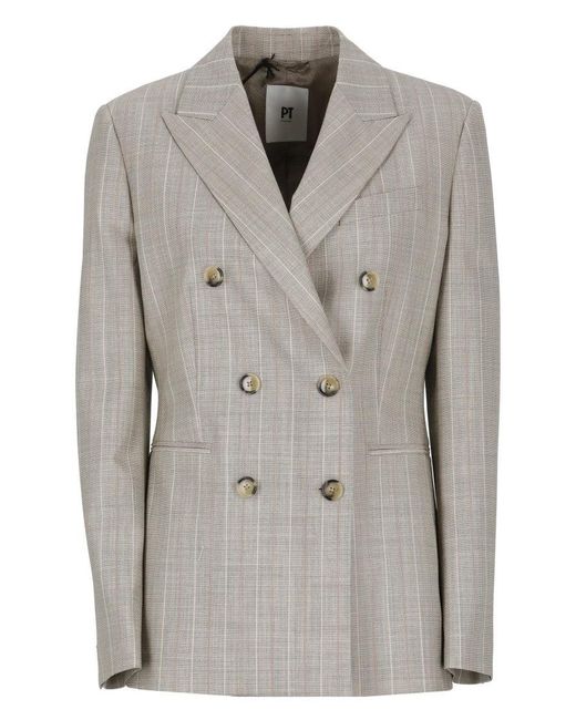 PT Torino Gray Virgin Wool Double-Breasted Blazer With All-Over Check Pattern