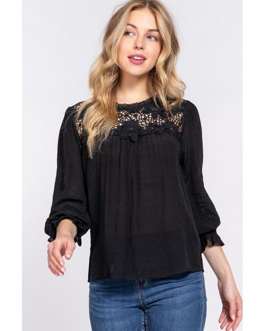 TRUEDAMES Black Active Basic Crochet Lace Panel Flounce Sleeve Blouse