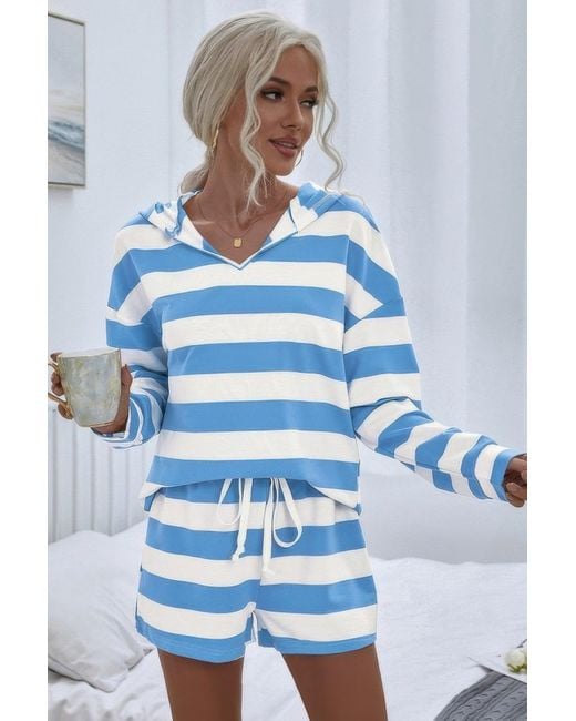 TRUEDAMES Blue Two Pieces Striped Pajama Oversized Long Sleeves Set