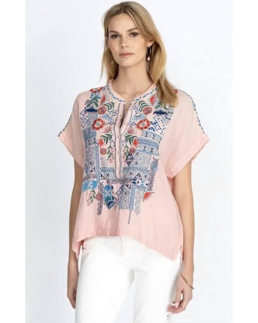 Johnny Was White Chrisley Short Sleeve Cotton Gauze Embroidered Top