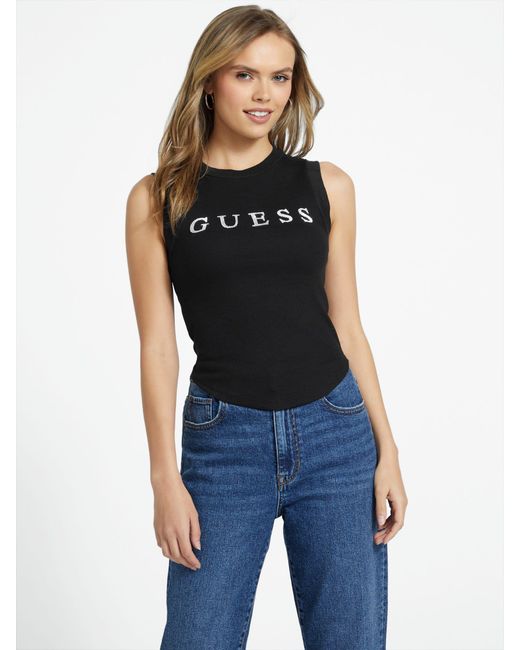 Guess Factory Blue Eliza Rhinestone Logo Tank