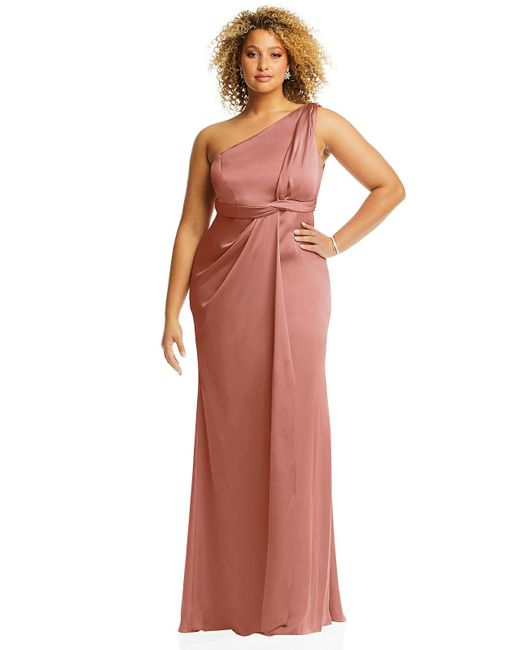 Dessy Collection Red One-shoulder Draped Twist Empire Waist Trumpet Gown