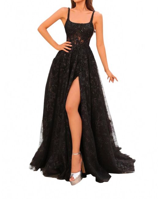 Amarra Black Sequin A-Line Gown With Sheer Corset Bodice