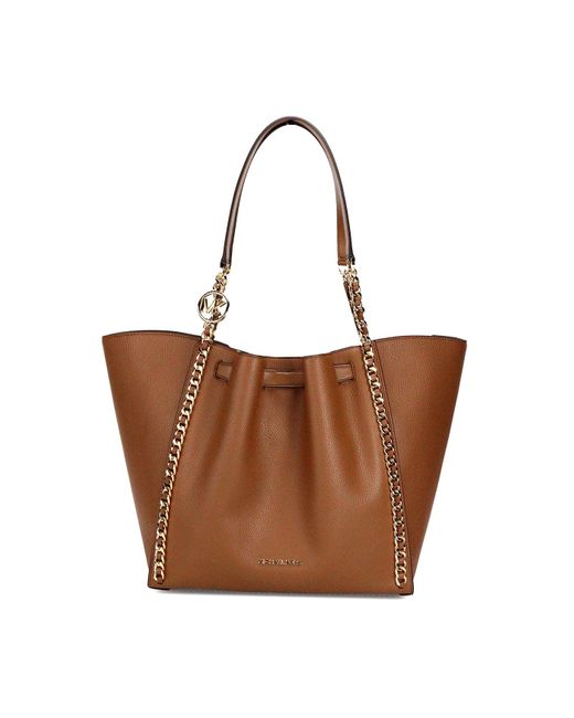 Michael Kors Brown Mina Large luggage Leather Belted Chain Inlay Tote Bag