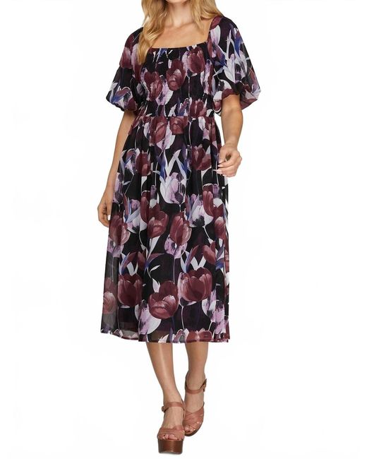 She + Sky Women's Purple Puff Sleeve Smocked Top Floral Print Midi Dress -  coffeafoods.com