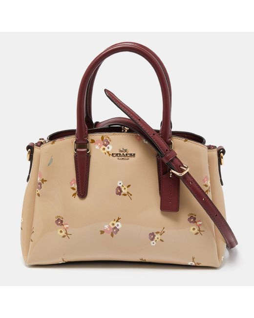 COACH Natural /cream Floral Print Patent And Leather Mini Sage Carryall Satchel