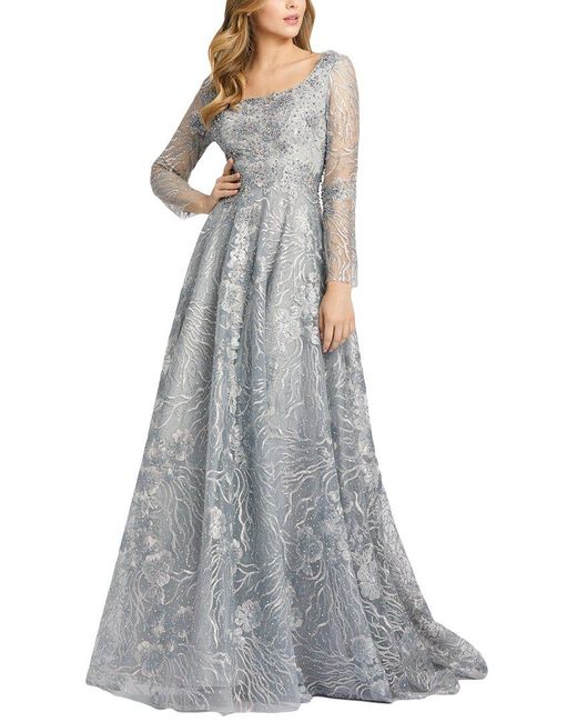 Mac Duggal Gray Jewel Encrusted Square Neck Gown