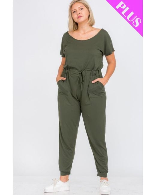 TRUEDAMES Green Plus Size Solid Drawstring Short Sleeve Jumpsuit