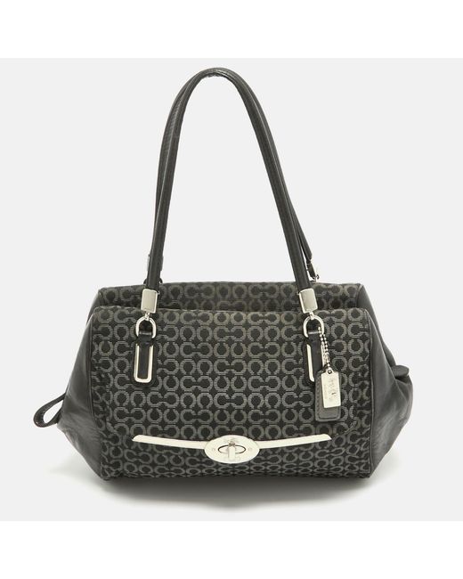COACH Black Op Art Fabric And Leather Madison Madeline Satchel