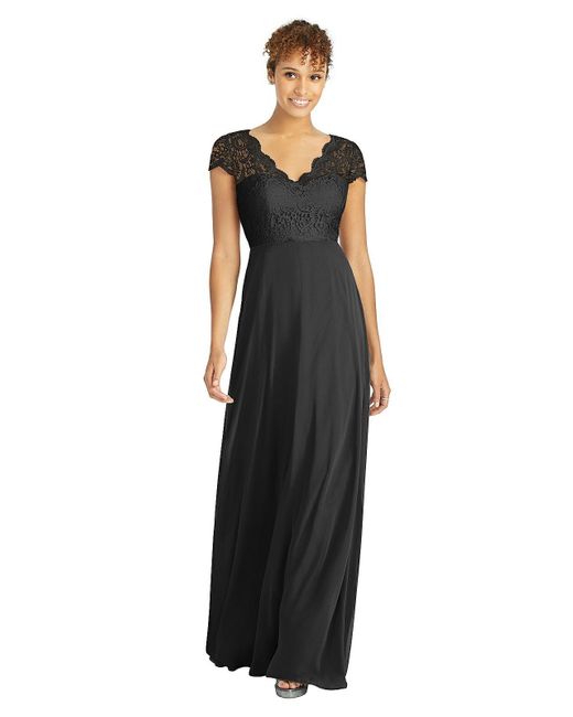 Dessy Collection Black Cap Sleeve Illusion-back Lace And Chiffon Dress