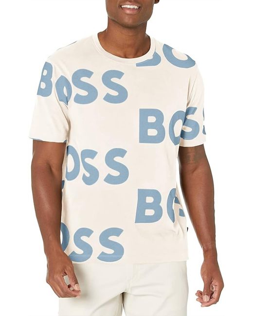 Boss White All Over Logo Sort Sleeve Crew Neck Cotton T-shirt for men