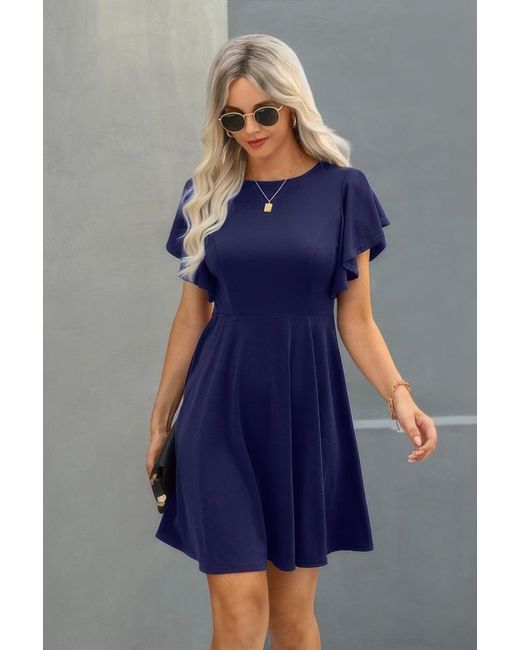 TRUEDAMES Blue Crew Neck Ruffled Short Sleeve Solid Dress