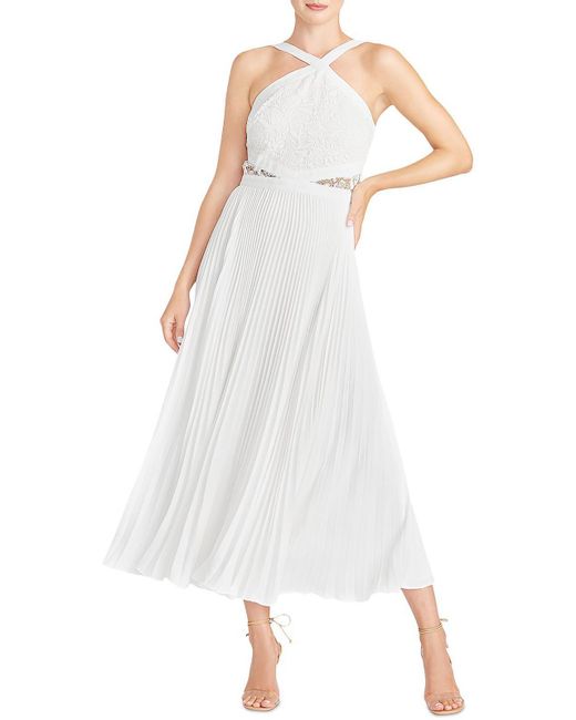 ML Monique Lhuillier White Chiffon Lace Overlay Midi Dress