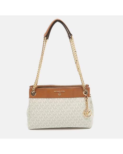 Michael Kors White Signature Coated Canvas And Leather Small Susan Tote