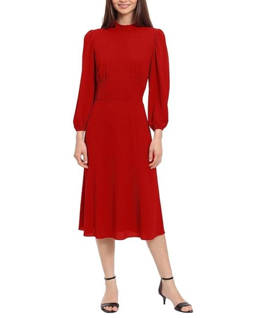 Maggy London Red Long Sleeve Mock Neck Midi Dress