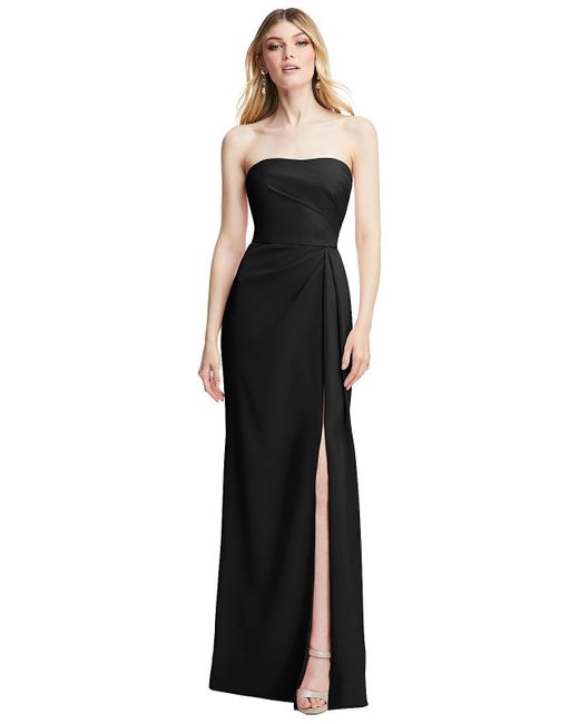 After Six Black Strapless Pleated Faux Wrap Trumpet Gown With Front Slit