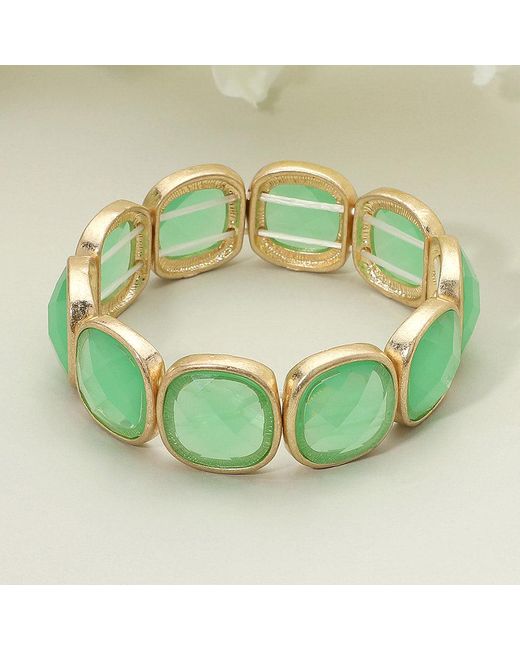 Fashnzfab Green Round Square Faceted Gemstone Frame Beaded Stretch Bracelet, Light, Worn