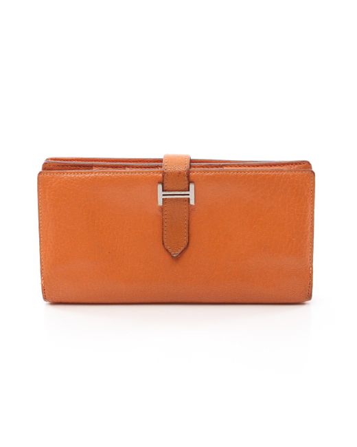 Hermès Orange Bear Souffle Bi-fold Long Wallet Chevre Silver Hardware □o Stamp