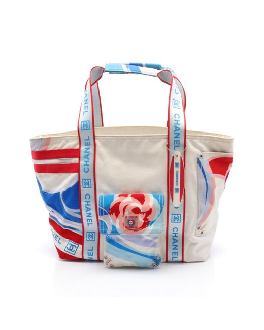 Chanel Red Surf Line High Summer Handbag Tote Bag Canvas Pvcblue Color