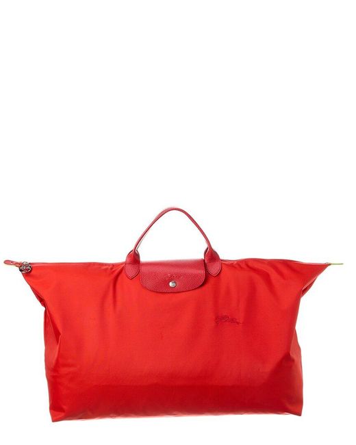 Longchamp Red Le Pliage Green Medium Canvas Travel Bag