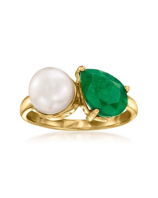 Ross-Simons Green 7.5-8Mm Cultured Pearl And Emerald Toi Et Moi Ring