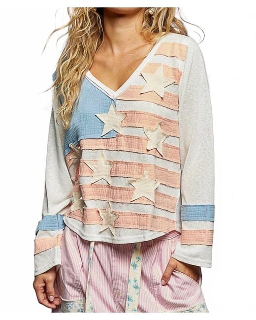 Pol Gray Patriotic Patch V-Neck Pullover