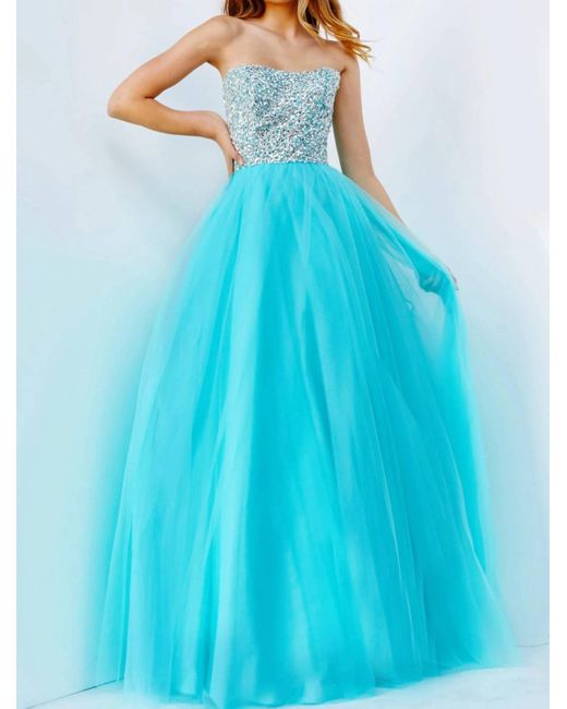 Jovani Blue Strapless Adorned Tulle Ballgown