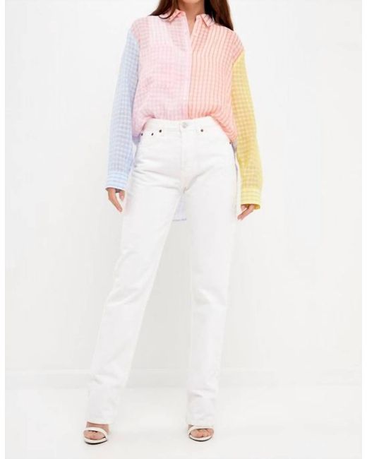 English Factory White Color Block Gingham Top