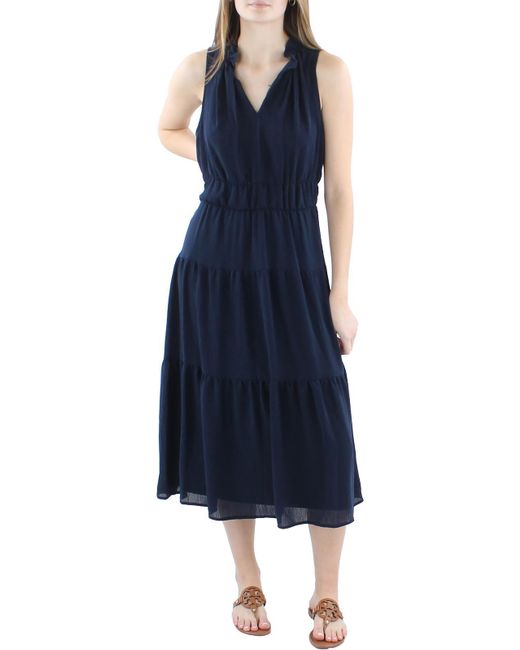 DKNY Blue Tiered Split Neck Midi Dress
