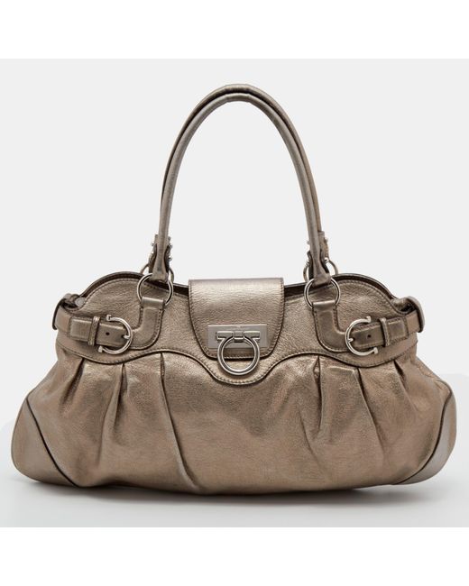 Ferragamo Brown Metallic Leather Marisa Shoulder Bag