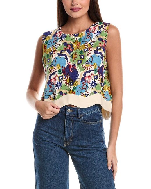 Fate Blue Ric Rac Open Back Linen-Blend Crop Top