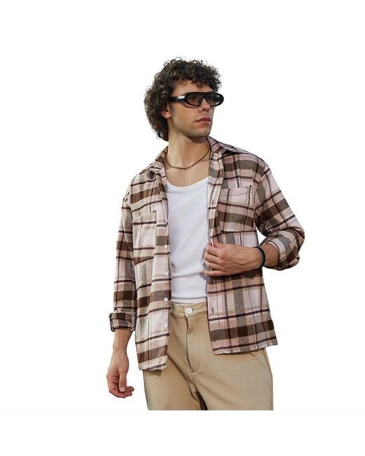 Campus Sutra Brown Saltbox & Pecan Tartan Utility Shacket for men