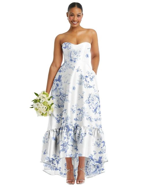 Alfred Sung White Strapless Floral High-low Ruffle Hem Maxi Dress With Pockets