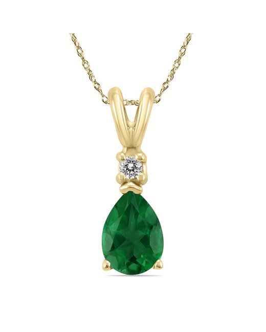 Monary Green 14k Gold 6x4mm Pear Emerald And Diamond Pendant