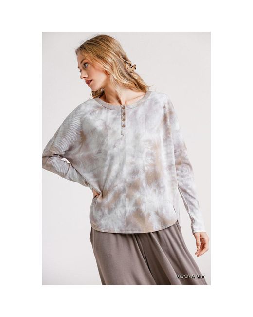 Fashnzfab Gray Tie Dye Round Neck Ribbed Button Front Top With Round Hem