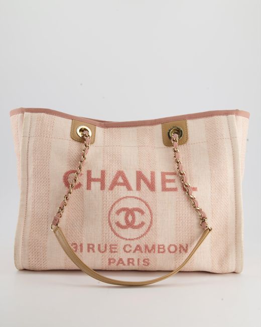 Chanel Natural Small Stripe Canvas Deauville Tote Bag With Logo Print And Champagne Gold Hardware