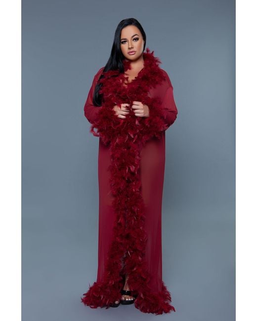 Glamorous Feather Robe TRUEDAMES Long Glamour Chiffon Robe With Feather Boa Trim in Red | Lyst