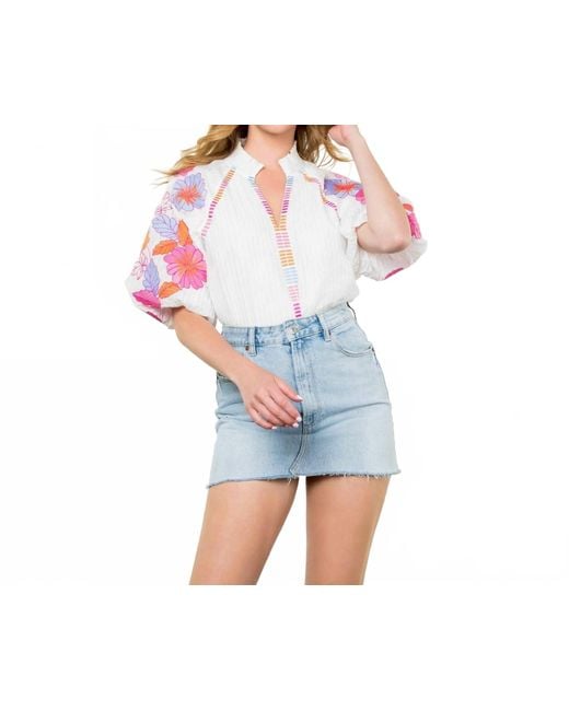 Thml Blue Embroidered Puff Sleeve Top